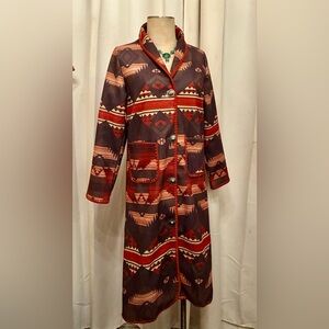 Tribal Aztec earth tones long duster jacket w concha turquoise buttons